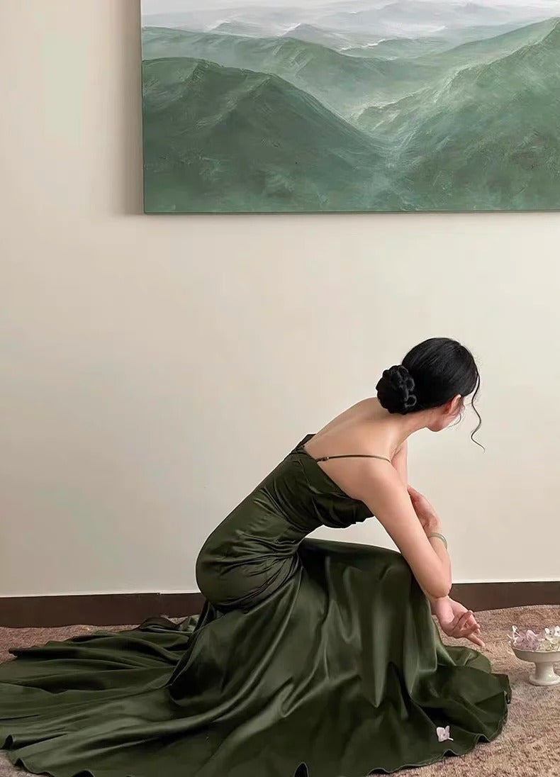 Fitted Mermaid Spaghetti Strap Green Satin With Pleated Formal Dress Long Prom Dresses N2820