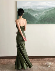 Fitted Mermaid Spaghetti Strap Green Satin With Pleated Formal Dress Long Prom Dresses N2820