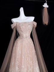 Elegant A Line Off The Shoulder Blush Pink With Short Sleeves Formal Dress Sequin Birthday Prom Dresses N2828