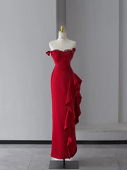 Prom Dresses A Line Sweetheart Red Satin With Ruffle Long Formal Gown N2947