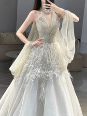 Beautiful Prom Dresses Ball Gown Halter Tulle With Beaded Feathers Long Formal Gown N2927