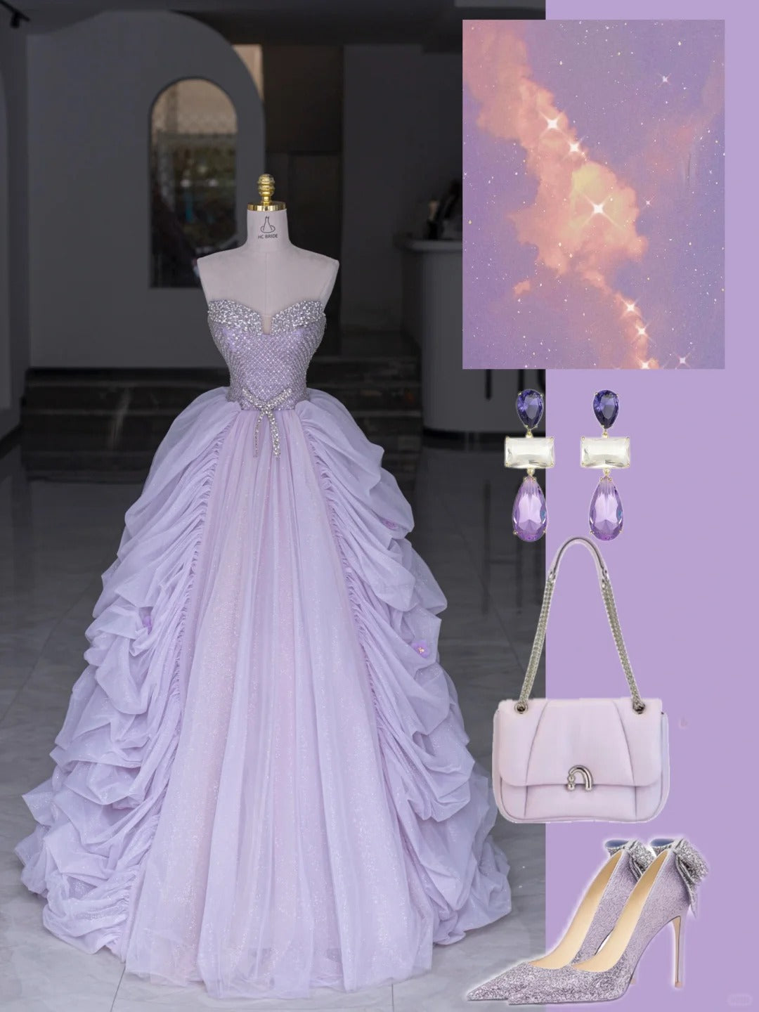 Modest Prom Dresses Ball Gown Sweetheart Lilac Tulle Beaded Long Formal Dance Dress N2981