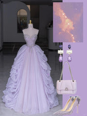 Modest Prom Dresses Ball Gown Sweetheart Lilac Tulle Beaded Long Formal Dance Dress N2981