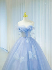 Pretty Prom Dresses Ball Gown Off The Shoulder Blue Tulle With Ruffle Long Formal Gown N2936