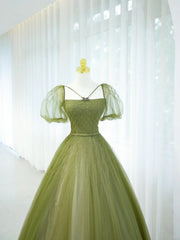 Elegant Ball Gown Green Square Neck Tulle Long Formal Dress 18th Birthday Prom Dresses N2853