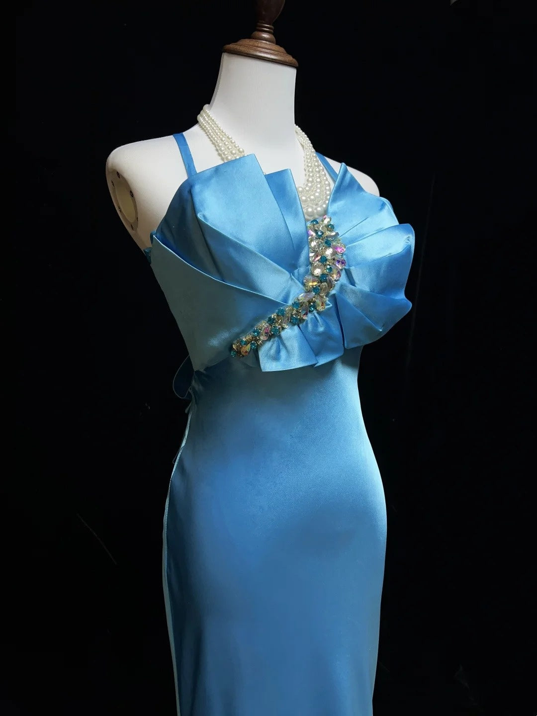 Classy Prom Dresses Mermaid Halter Floor Length Tiffany Blue Satin Formal Evening Dress N3698