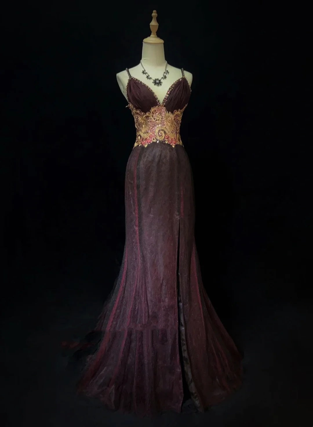 Modest Prom Dresses Mermaid Spaghetti Strap Grape Tulle Sequined With Lace Long Evening Outfits N3448