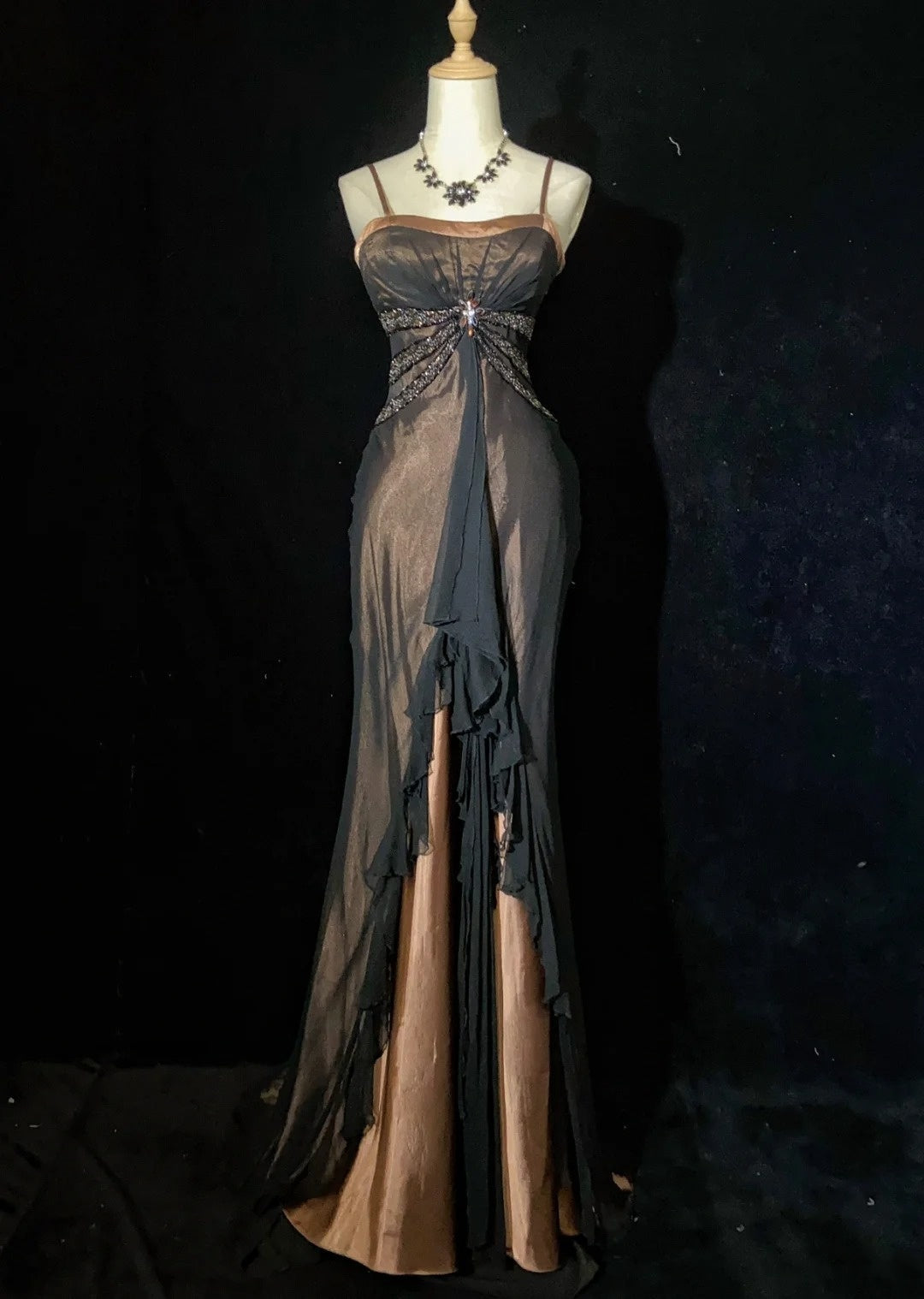 Vintage Prom Dresses Spaghetti Strap Mermaid Brown Satin Black Chiffon Long Formal Evening Outfits N3861
