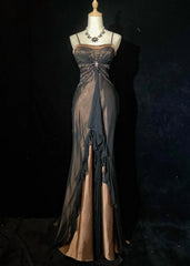 Vintage Prom Dresses Spaghetti Strap Mermaid Brown Satin Black Chiffon Long Formal Evening Outfits N3861