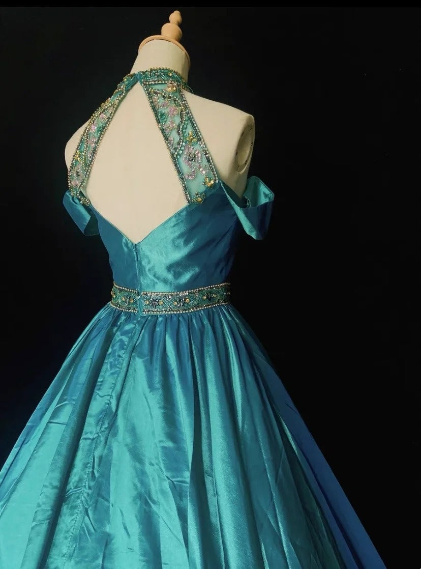 Vintage Prom Dresses Inspo Ball Gown High Neck Blue Satin 1990s With Beading Formal Gowns N3322