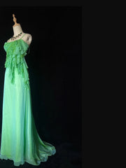 Beautiful Prom Dresses A Line Spaghetti Strap Green Chiffon With Ruffle Long Evening Outfits N3331