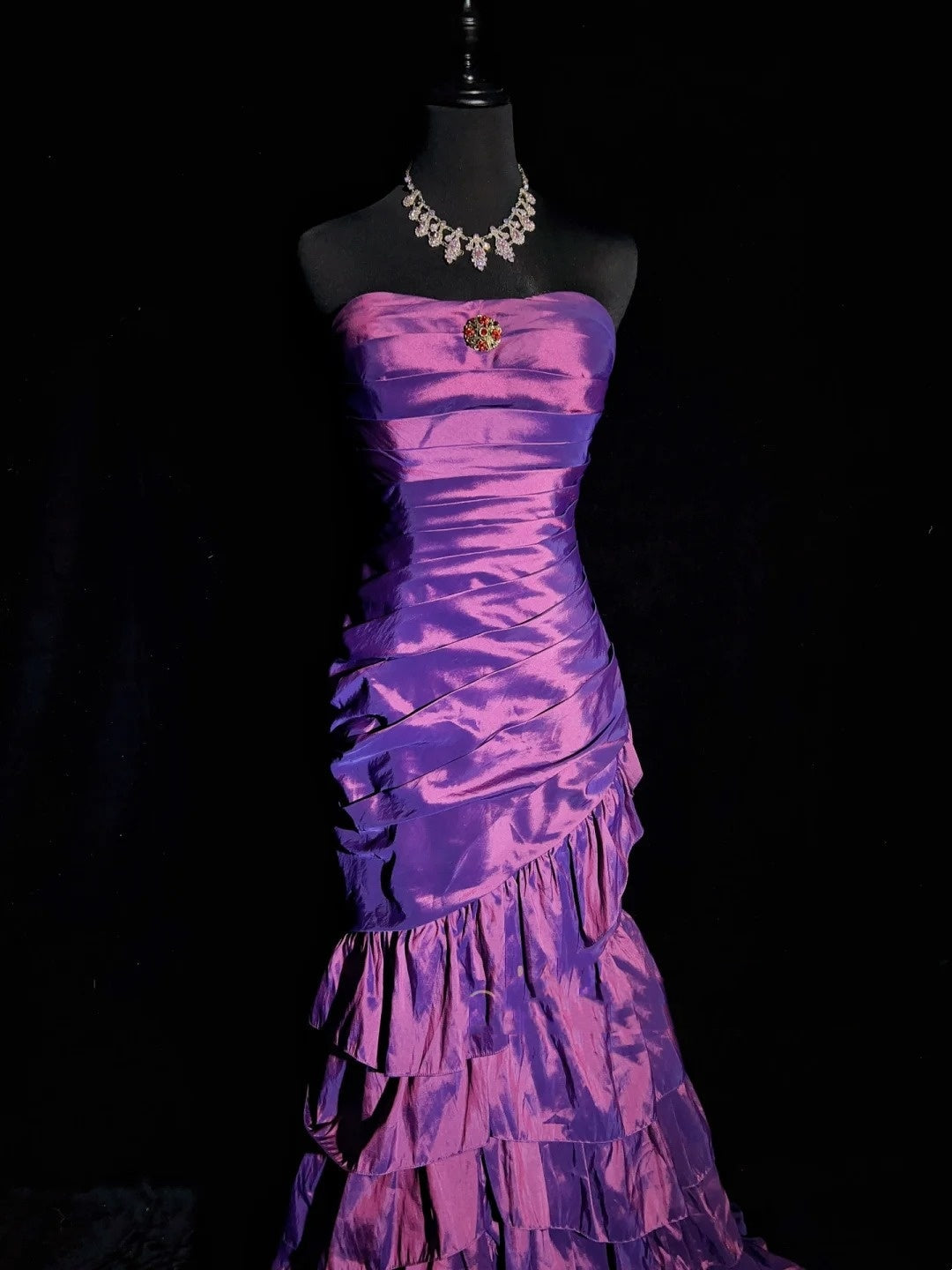 Vintage Prom Dresses 90s Mermaid Strapless Purple Satin With Tiered Layers Long Semi Formal Evening Outfits N3661