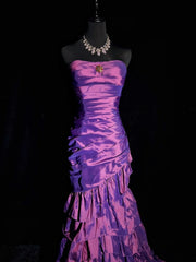 Vintage Prom Dresses 90s Mermaid Strapless Purple Satin With Tiered Layers Long Semi Formal Evening Outfits N3661