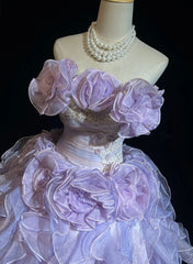 Modest Prom Dresses Ball Gown Strapless Lilac Organza With Layers Tiered Long Quince Dress N3128