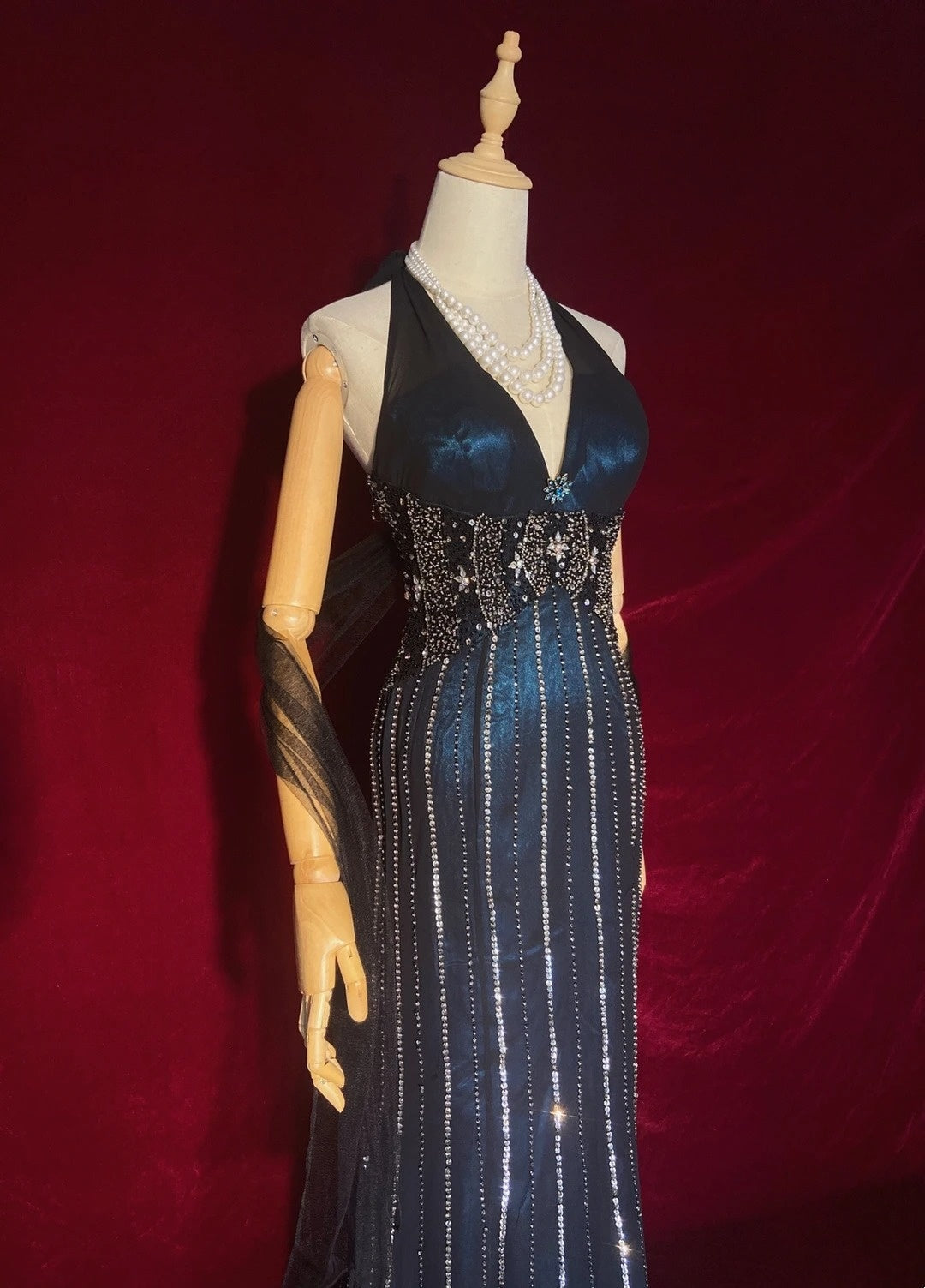 Sparkly Prom Dresses Inspo Mermaid 90s Halter Neck Dark Navy Blue With Beads For Women Formal Dress N3273