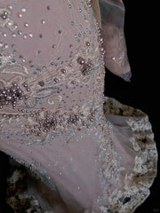 Vintage Prom Dresses 80s Mermaid V Neck Pink Lace Applique Long Formal Evening Outfits N3481