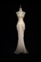 Elegant Sheath V Neck Champagne Chiffon With Pleated Bodice Formal Dress Long Prom Dresses N2737