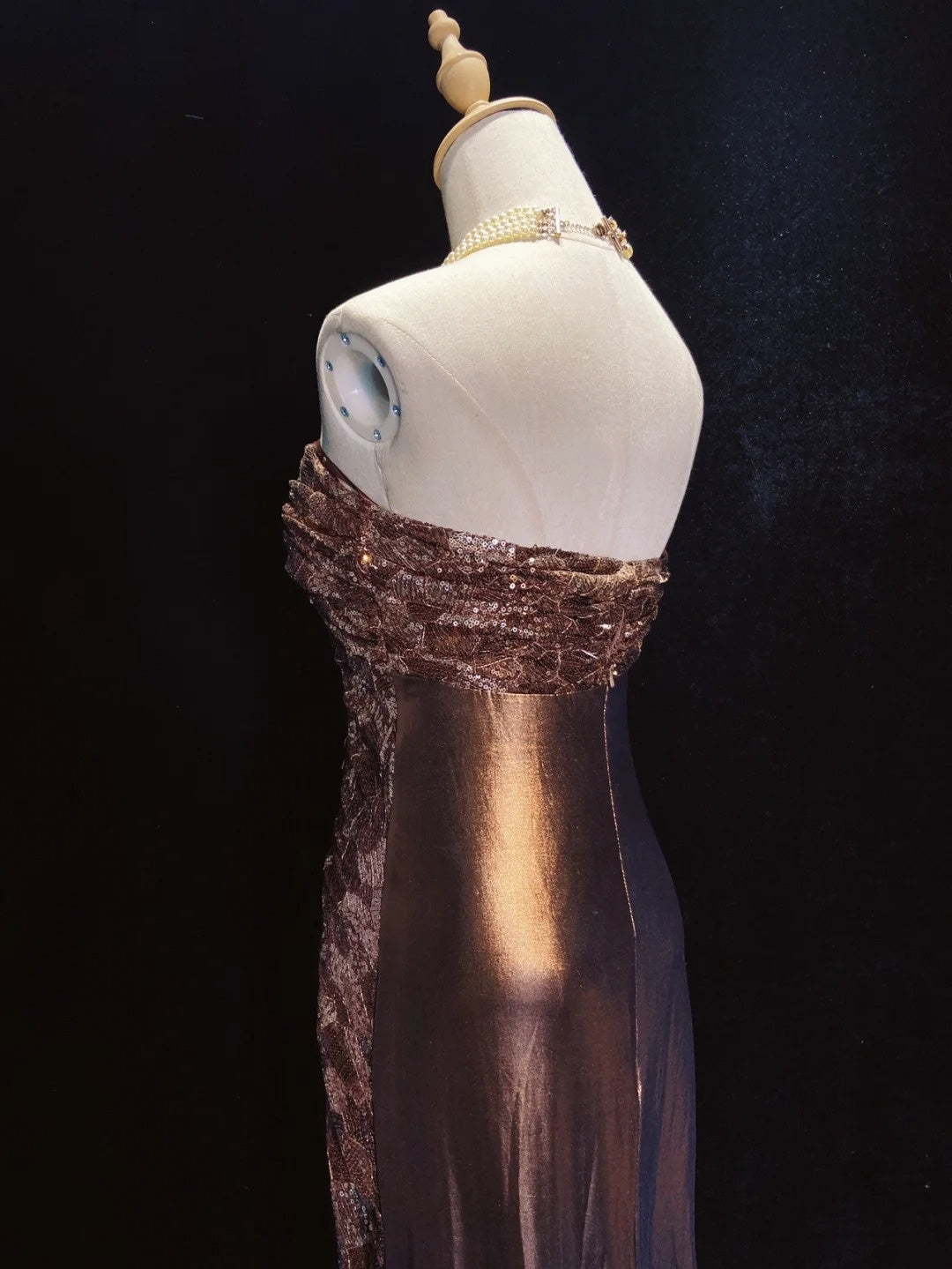 Vintage Prom Dresses Inspo A Line Sweetheart Brown Satin Long 1990s With Sequined Formal Gowns N3345