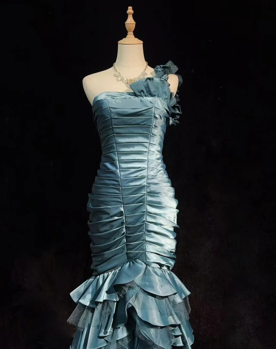 Vintage Mermaid One Shoulder Dusty Blue Satin With Folds Sleeveless Long Formal Dress Gown Birthday Prom Dresses N2442