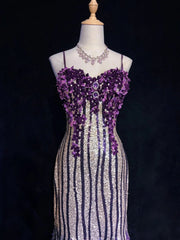 Glitter Prom Dresses Mermaid Spaghetti Strap Purple Chiffon With Flowers Long Formal Evening Dress N3893