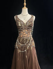 Vintage Prom Aesthetic Dresses Mermaid V Neck Brown Satin With Beading Gem Long Formal Dress N3021