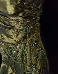 Vintage Classy Prom Dresses Mermaid Spaghetti Strap Olive Green Satin With Lace Beading Evening Long Dress N3294