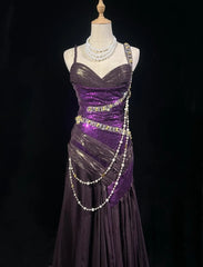 Vintage Prom Dresses 1960s Mermaid Spaghetti Strap Purple With Beaded Long Prom Gown N3117