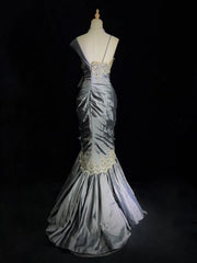 Vintage Prom Dresses Mermaid Straps Grey Satin Lace With Ruffles Long Evening Outfits N3442