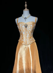 Charming Prom Dresses A line Spaghetti Strap Gold Long Formal Evening Dress N3900
