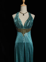 Beautiful Prom Dresses A Line Halter Blue Backless Satin With Ruffled Bodice Long Evening Outfits N3373