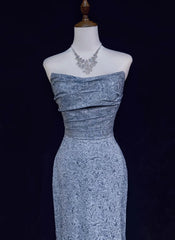 Vintage Prom Dresses 1960s Mermaid Strapless Blue Sequined With Ruffled Long Prom Gown N3097