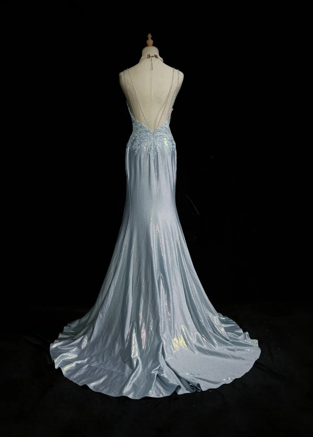 Modest Prom Dresses Mermaid Spaghetti Strap Light Sky Blue With Applique Formal Outfits N3690