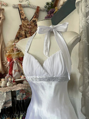 Classy Prom Dresses Mermaid Halter White With Beading Satin Long Formal Evening Outfits N3731