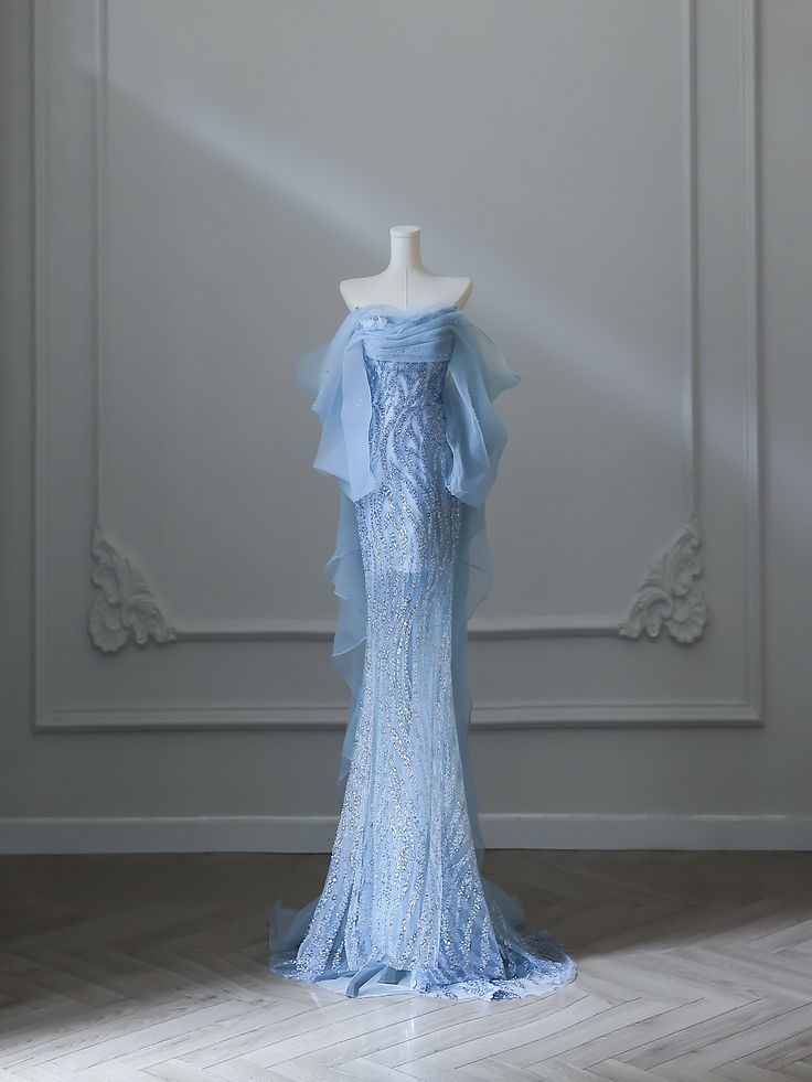 Sexy Mermaid Off The Shoulder Blue Sequin Long Formal Prom Dress Evening Gowns AB1684