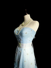 Vintage 1760s Mermaid Sweetheart Light Sky Blue Tulle Sleeveless Pleated Long Prom Dresses N1583