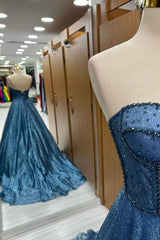 Timeless Navy Blue Sequin Beaded Sweetheart A-Line Long Prom Dress AB1709