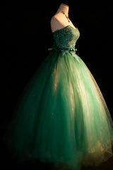 Modest Prom Dresses Ball Gown Strapless Green Tulle With Beads Long Quince Dress N2975