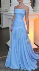 straight across sleeveless pleated a-line evening dress Prom Dress AB1913