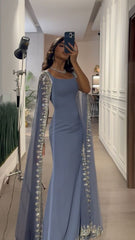Vintage Dusty Blue Mermaid Evening Dress Applique Beaded Prom Dress Unique Cape Design Long Party Dress Birthday Outfits AB2313