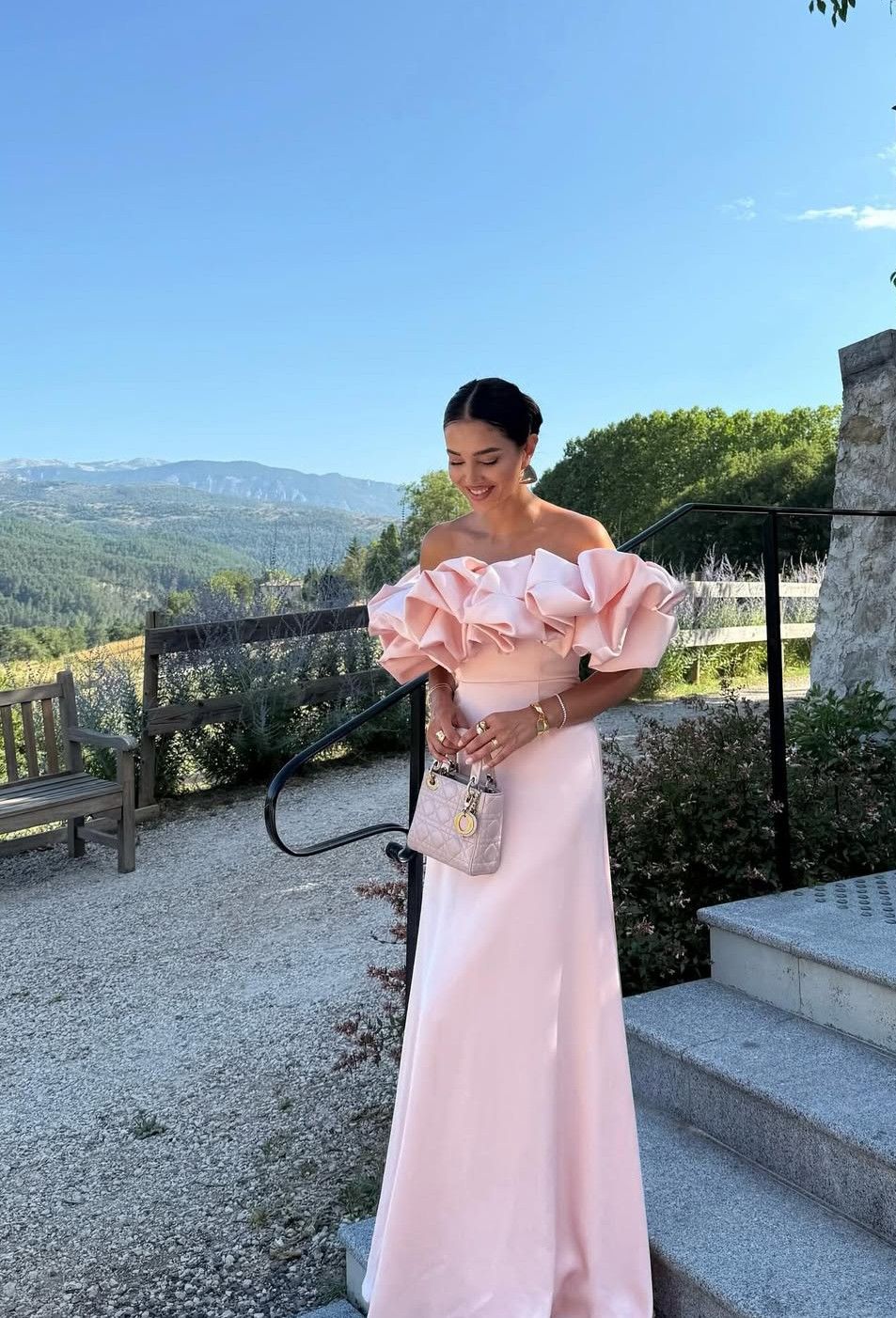 Chic A line Off The Shoulder Pink With Sleeves Spring Formal Dress Long Prom Dresses N2680