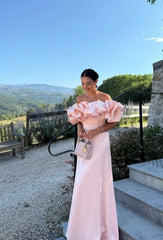 Chic A line Off The Shoulder Pink With Sleeves Spring Formal Dress Long Prom Dresses N2680
