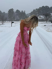 Modest A Line Sweetheart Pink Floral Chiffon Prom Dresses For Women Long Party Gown N1530
