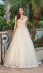 Off-the-Shoulder Glitter-Tulle Long Prom Ball Gown