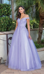 Off-the-Shoulder Glitter-Tulle Long Prom Ball Gown
