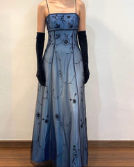 Blue/Grey Delicate Beaded Long Tulle Elegant A line Evening Dress Formal Birthday Party Dress Prom Dresses N1697