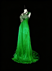 Vintage A Line Straps Green 70s With Pleated Beads Long Prom Gown Party Wear Dresses N1840