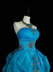 Vintage 1760s Ball Gown Strapless Blue Organza Sleeves Pleated Long Prom Dresses N1586