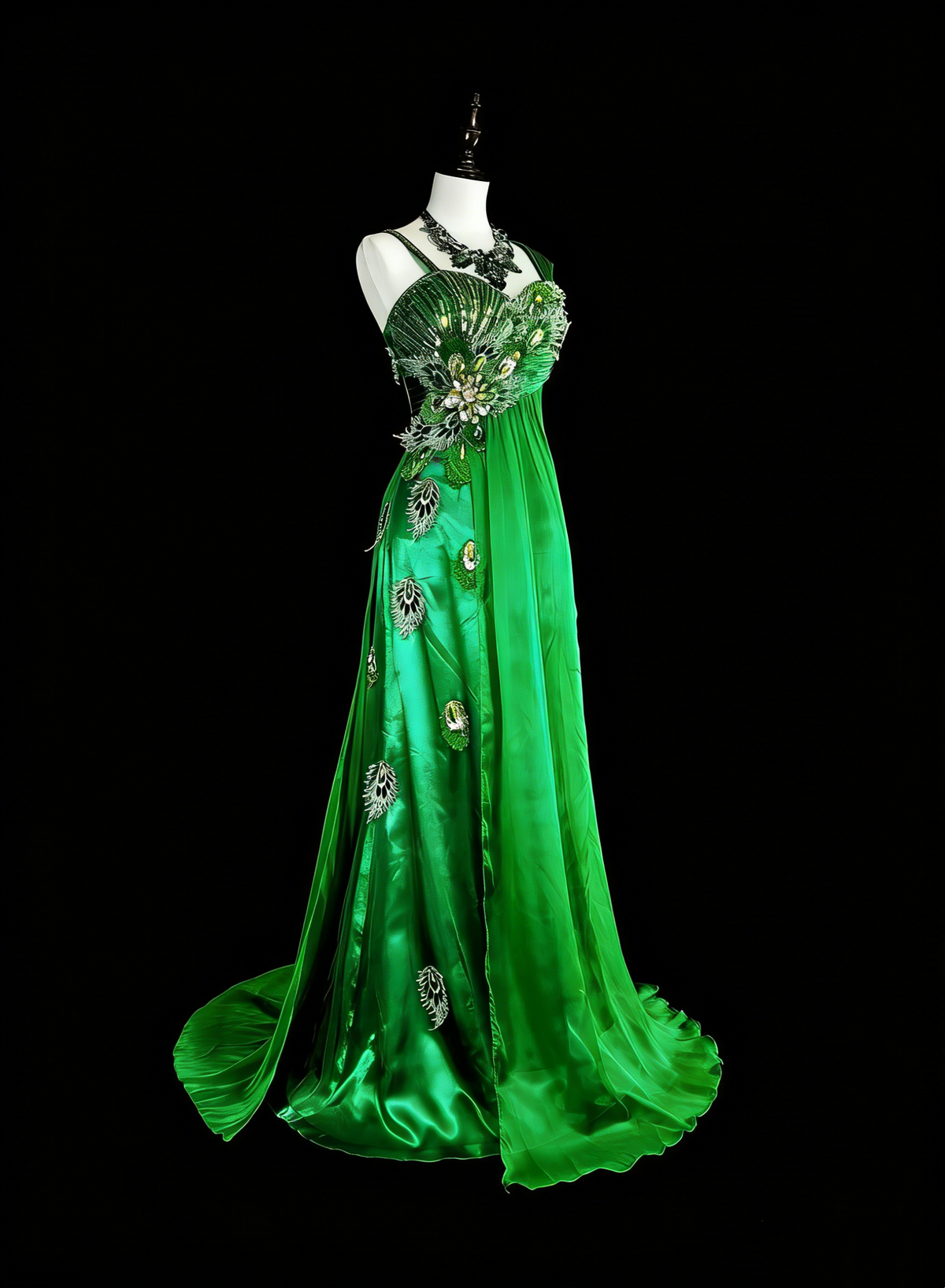 Vintage A Line Straps Green 70s With Pleated Beads Long Prom Gown Party Wear Dresses N1840