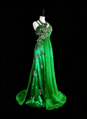 Vintage A Line Straps Green 70s With Pleated Beads Long Prom Gown Party Wear Dresses N1840