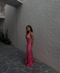 Classy Prom Dresses Inspiration Sheath Halter Pink Silky Satin Long Semi Formal Dance Grad Prom Dress For Teens High Schools AB1953